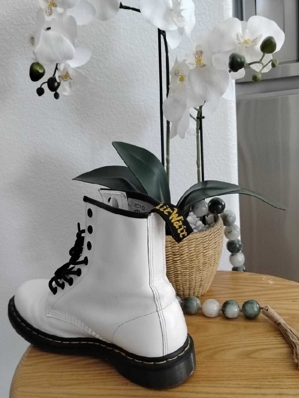 Dr. Martens White Leather Lace-Up Combat Boot with Black Trim - Picture 6 of 10